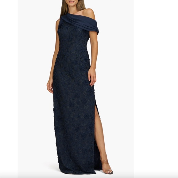 NEW JS COLLECTIONS Navy Lace ELODIE Floral ONE SHOULDER Chiffon DRAPED GOWN 10 - Picture 12 of 13